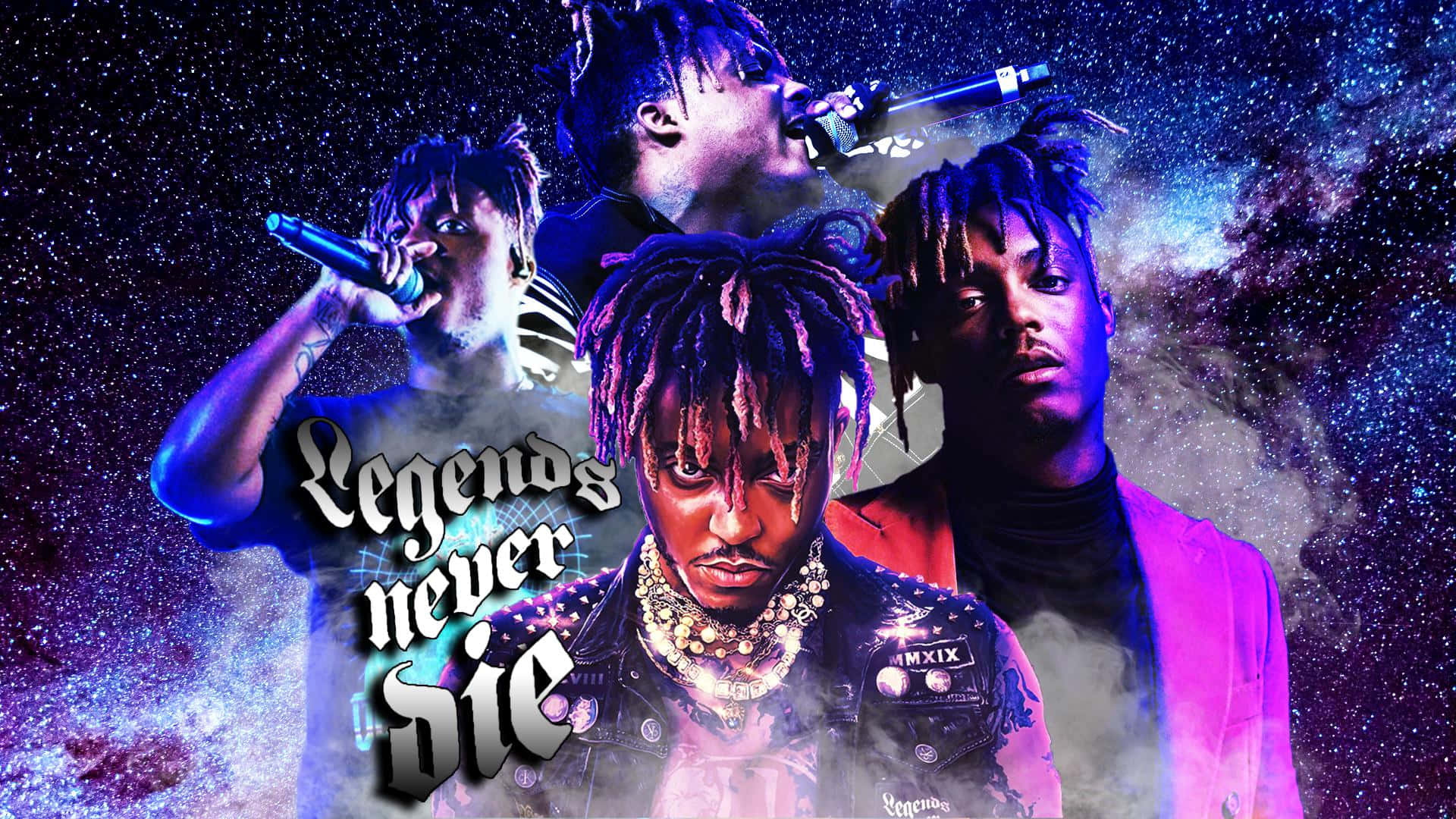 Legends Never Die 桌布 壁紙 — 四位梳著辮子的饒舌歌手在宇宙星系背景下表演，背景有發光的紫藍色星雲和文字 Legends never die。