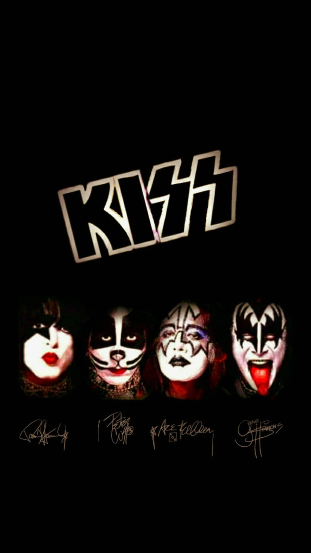 Rock 桌布 壁紙 — 四位標誌性KISS樂團成員，身穿全妝和標誌性服裝，背景為黑色，上方有樂團標誌。