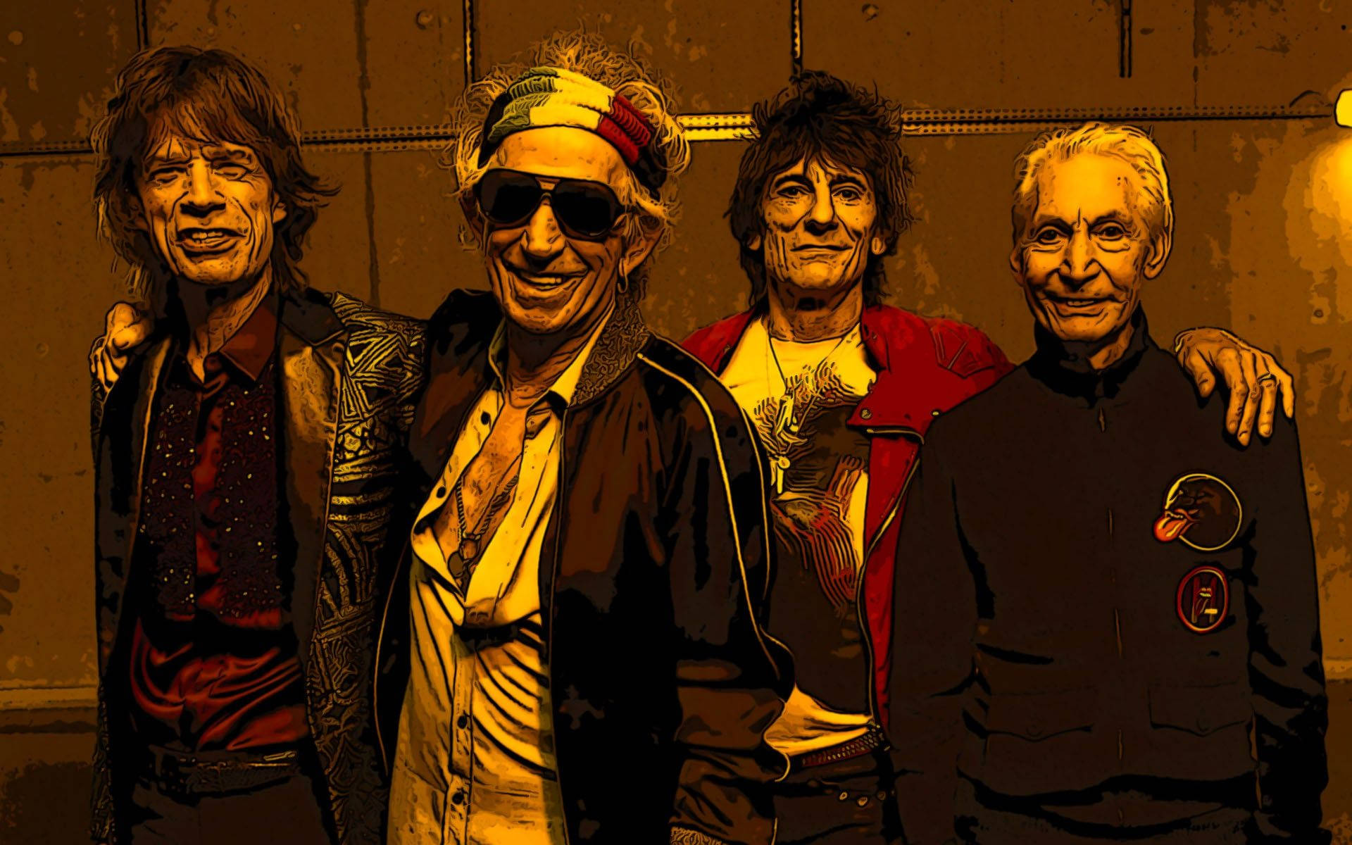 Rock 桌布 壁紙 — 四位標誌性搖滾音樂家在一幅溫暖光線、粗線條和豐富大地色調的風格化插圖中一起擺姿勢。