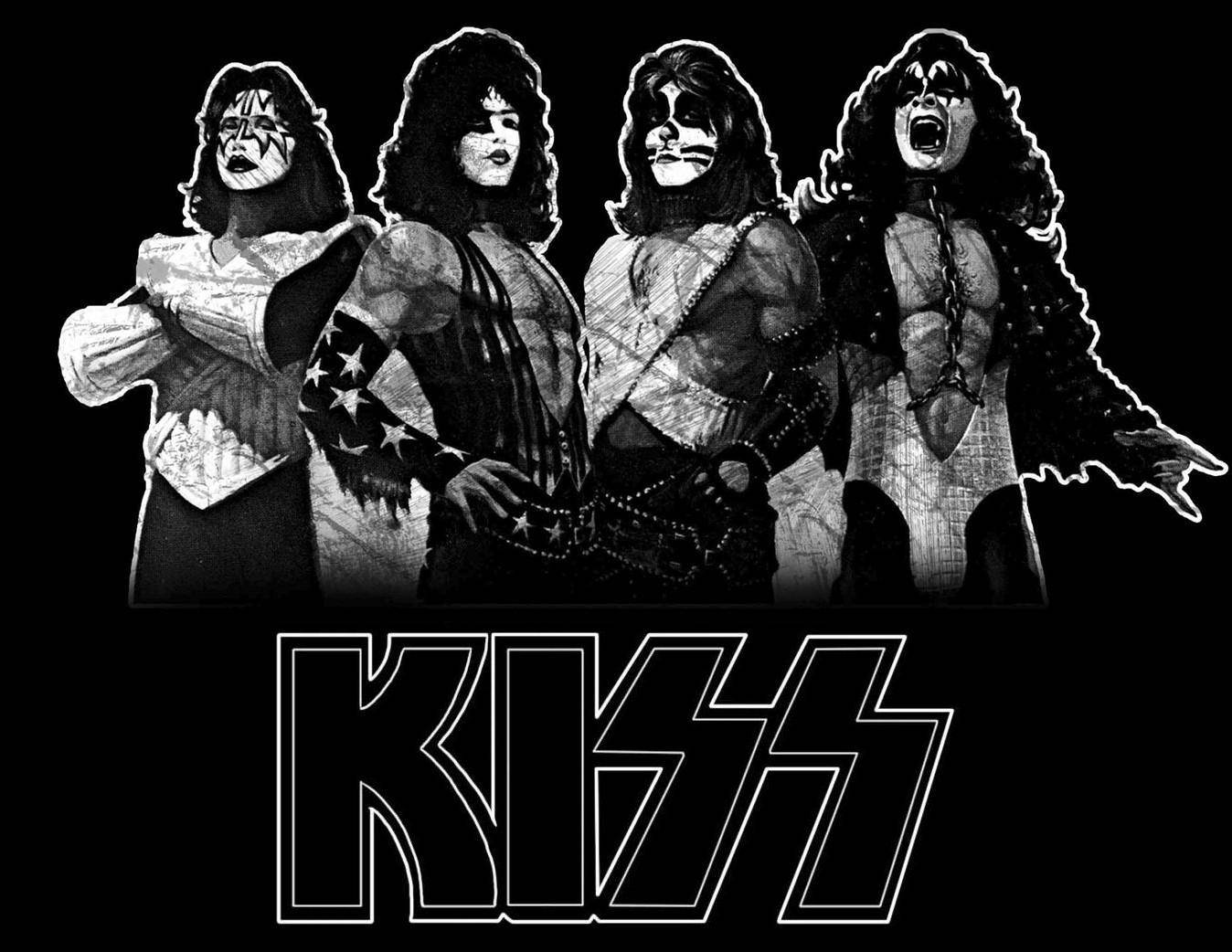 Rock 桌布 壁紙 — 四位標誌性的KISS樂隊成員以全妝和服裝在黑色背景前戲劇性地擺姿勢，樂隊標誌在下方。