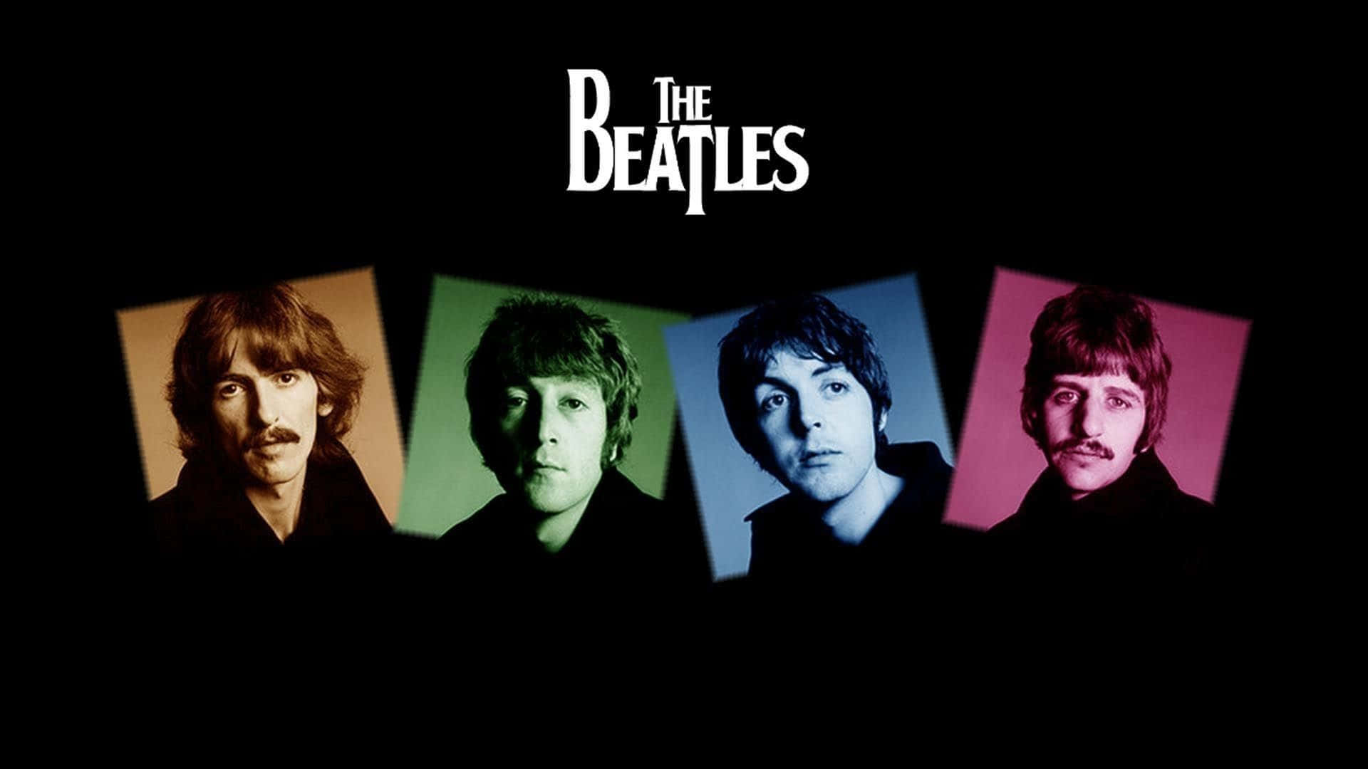 the beatles 桌布 壁紙 — 四位標誌性的披頭四成員在黑色背景上的獨立彩色面板中向前凝視，樂隊名稱以白色文字顯示在上方。