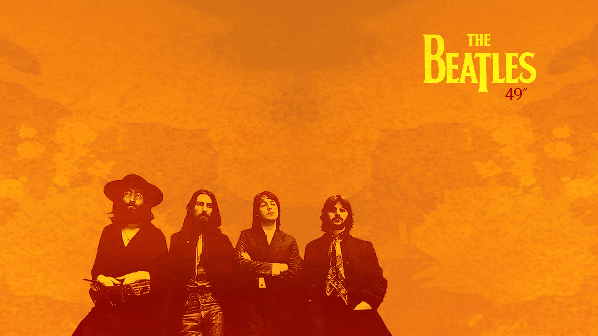 the beatles 桌布 壁紙 — 四位標誌性音樂家以剪影形式站在有紋理的橙色背景前，並帶有黃色的 'The Beatles 49' 標誌。