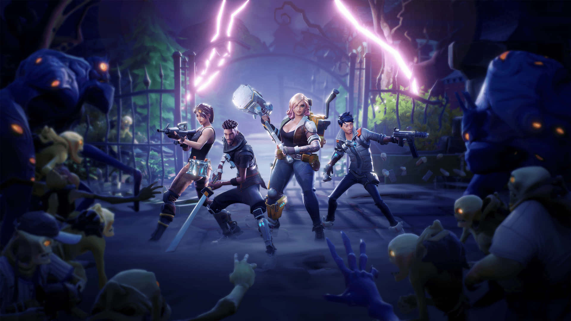 Fortnite 桌布 壁紙 — 四位武裝冒險者在充滿殭屍般生物的鬼魅花園中與發光的紫色閃電戰鬥。