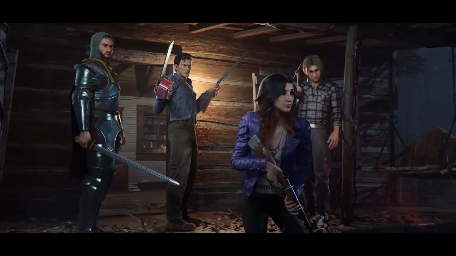 Game Trailers 桌布 壁紙 — 四位武裝冒險者在昏暗的木屋中緊張地站著，在閃爍的燈光下拔出劍和槍。