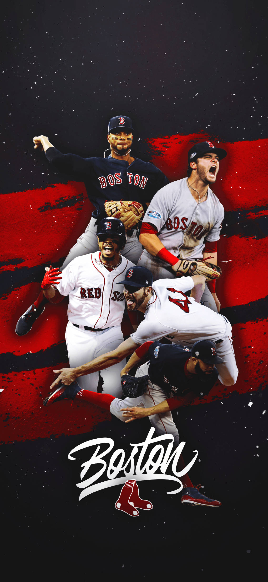 Red Sox 桌布 壁紙 — 四位波士頓紅襪棒球選手以動態姿勢呈現，背景為大膽的紅黑色，下方有 'Boston' 字樣。
