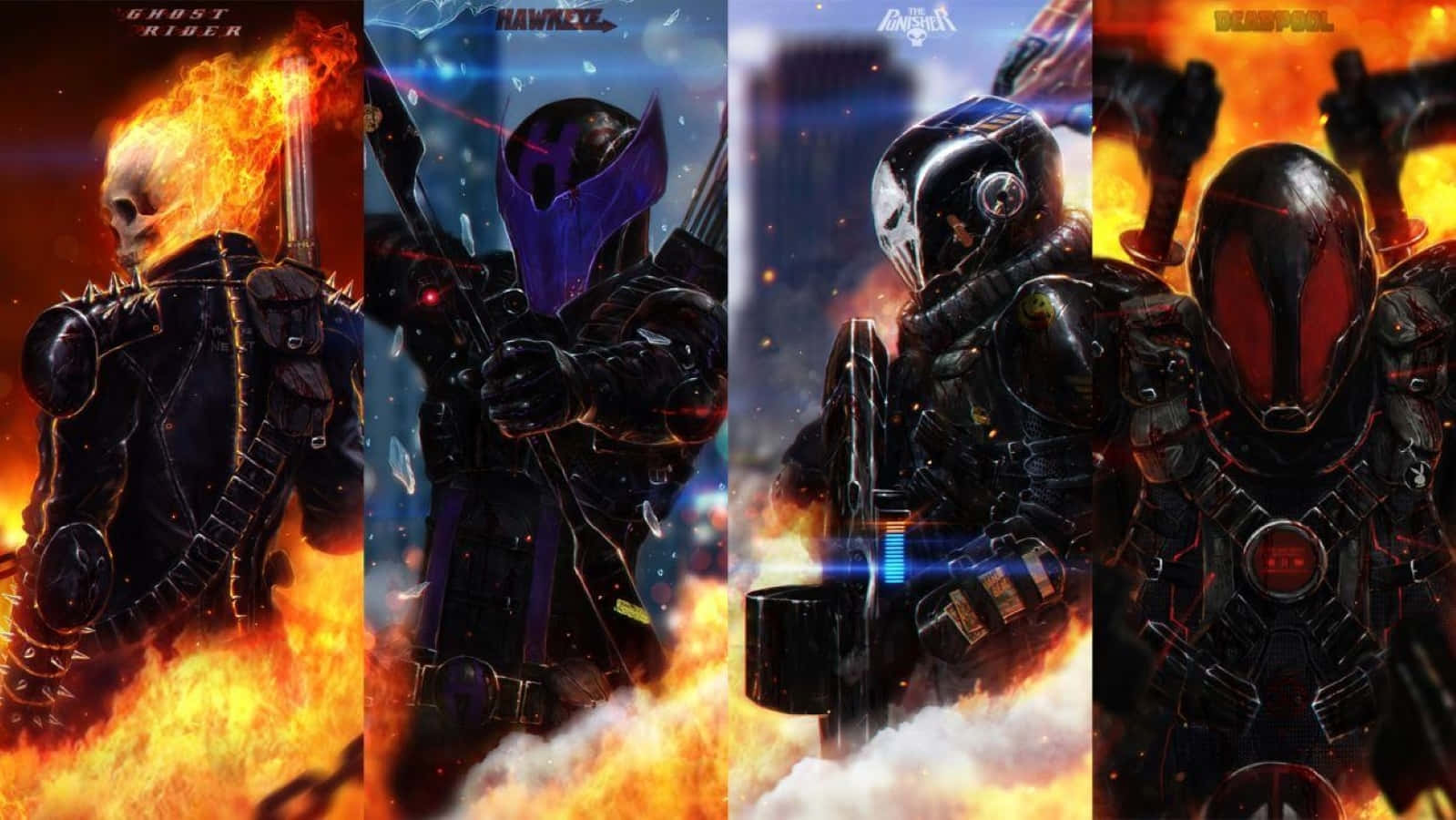 Anti-hero 桌布 壁紙 — 四位漫畫英雄 Ghost Rider、Hawkeye、Rocket Raccoon 和 Deadpool 站在熾熱的宇宙戰鬥場景中。