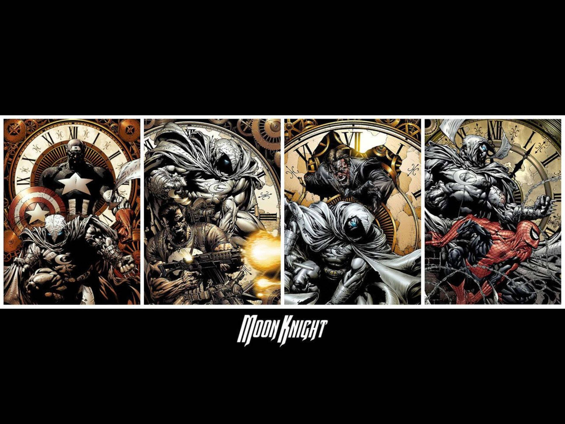 Moon Knight 桌布 壁紙 — 四位漫畫英雄在時鐘機械背景下戲劇性地碰撞，形成一幅粗獷的插畫戰鬥場景。
