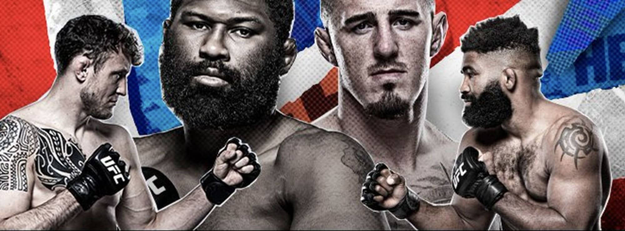 UFC 桌布 壁紙 — 四位激烈的UFC拳手以戰鬥姿勢，襯托充滿活力的旗幟主題背景。