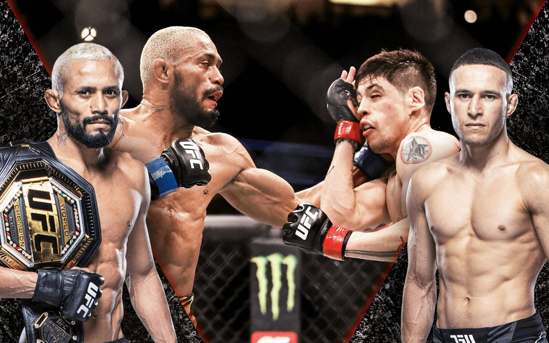 UFC 桌布 壁紙 — 四位激烈的UFC拳手在籠中，一人揮拳，另一人持有冠軍腰帶。