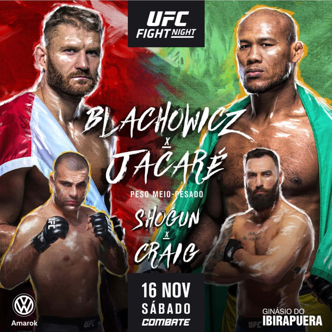 UFC 桌布 壁紙 — 四位激烈的UFC拳手在鮮豔的紅綠背景上，搭配粗體活動文字向前凝視。