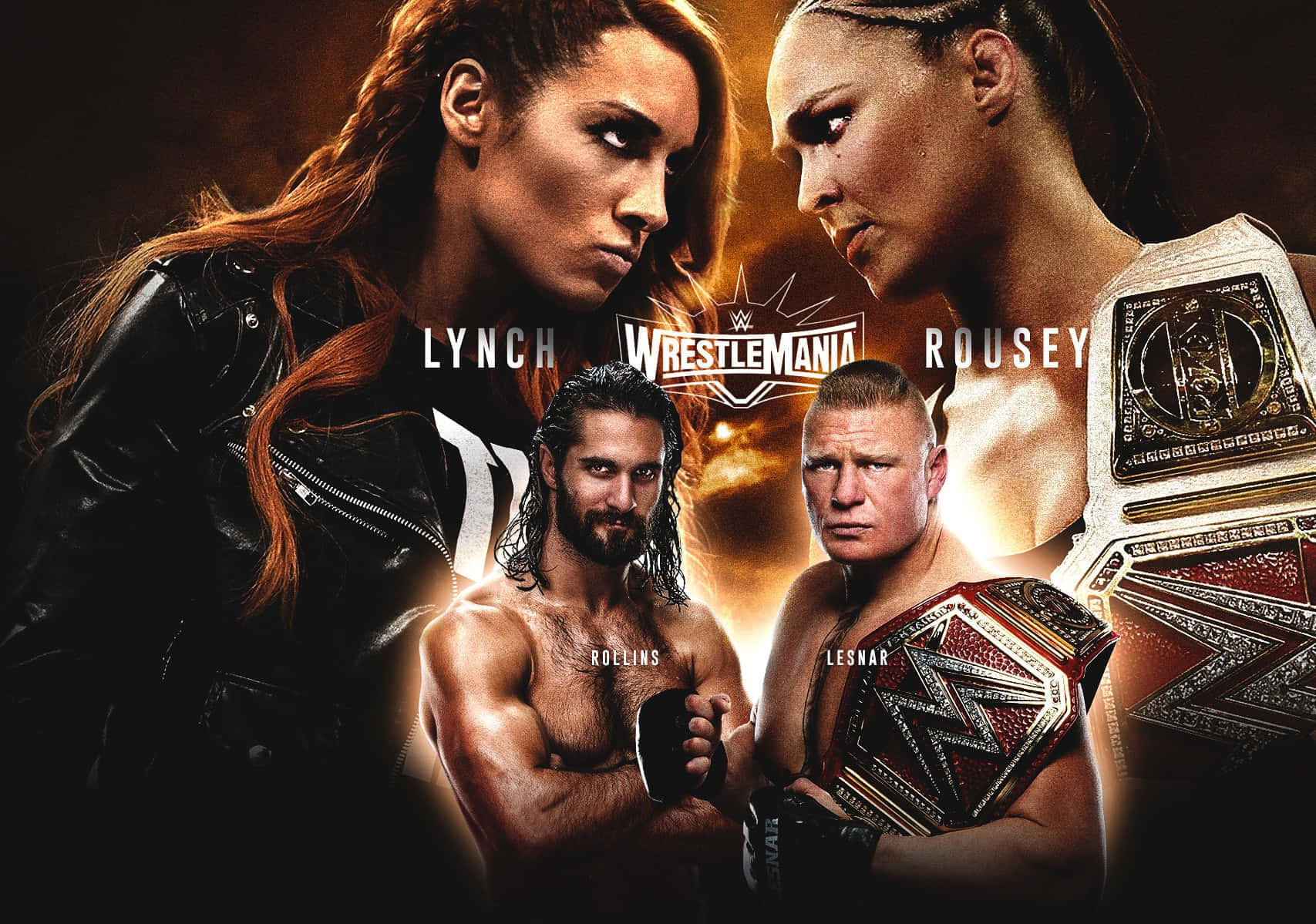 WWE摔角手Lynch、Rousey、Rollins、Lesnar手持冠軍腰帶對峙。 — 壞女孩 GIF 壁紙