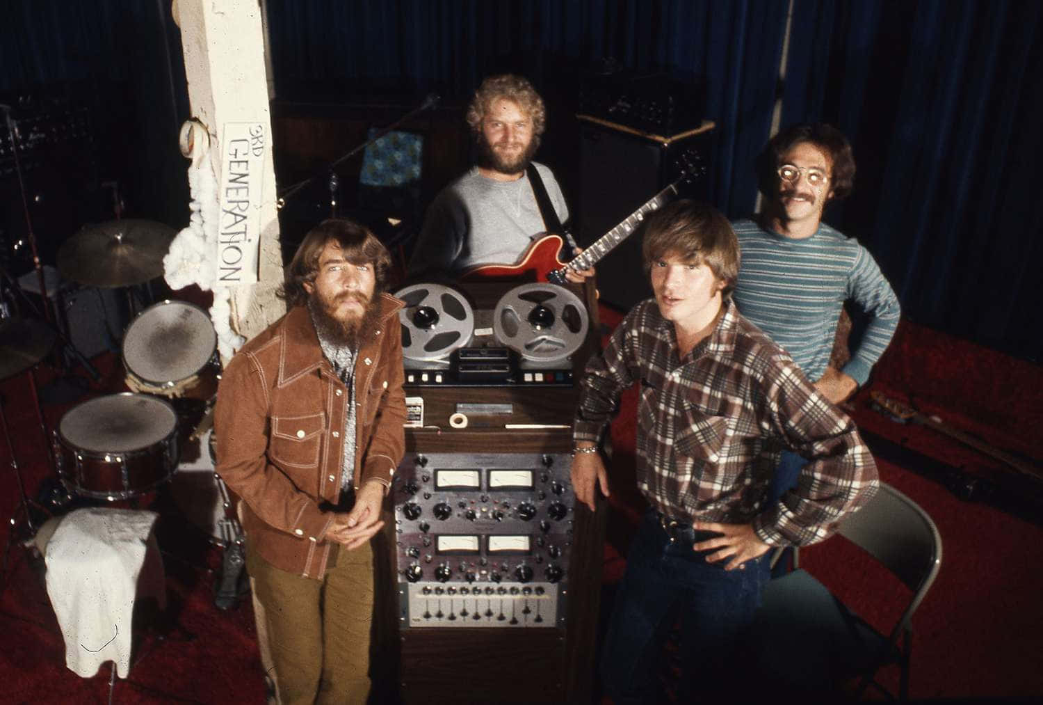  壁紙 — 四位留鬍鬚的音樂家穿著1970年代的服裝，在錄音室裡自信地圍繞著復古錄音設備和鼓擺姿勢。