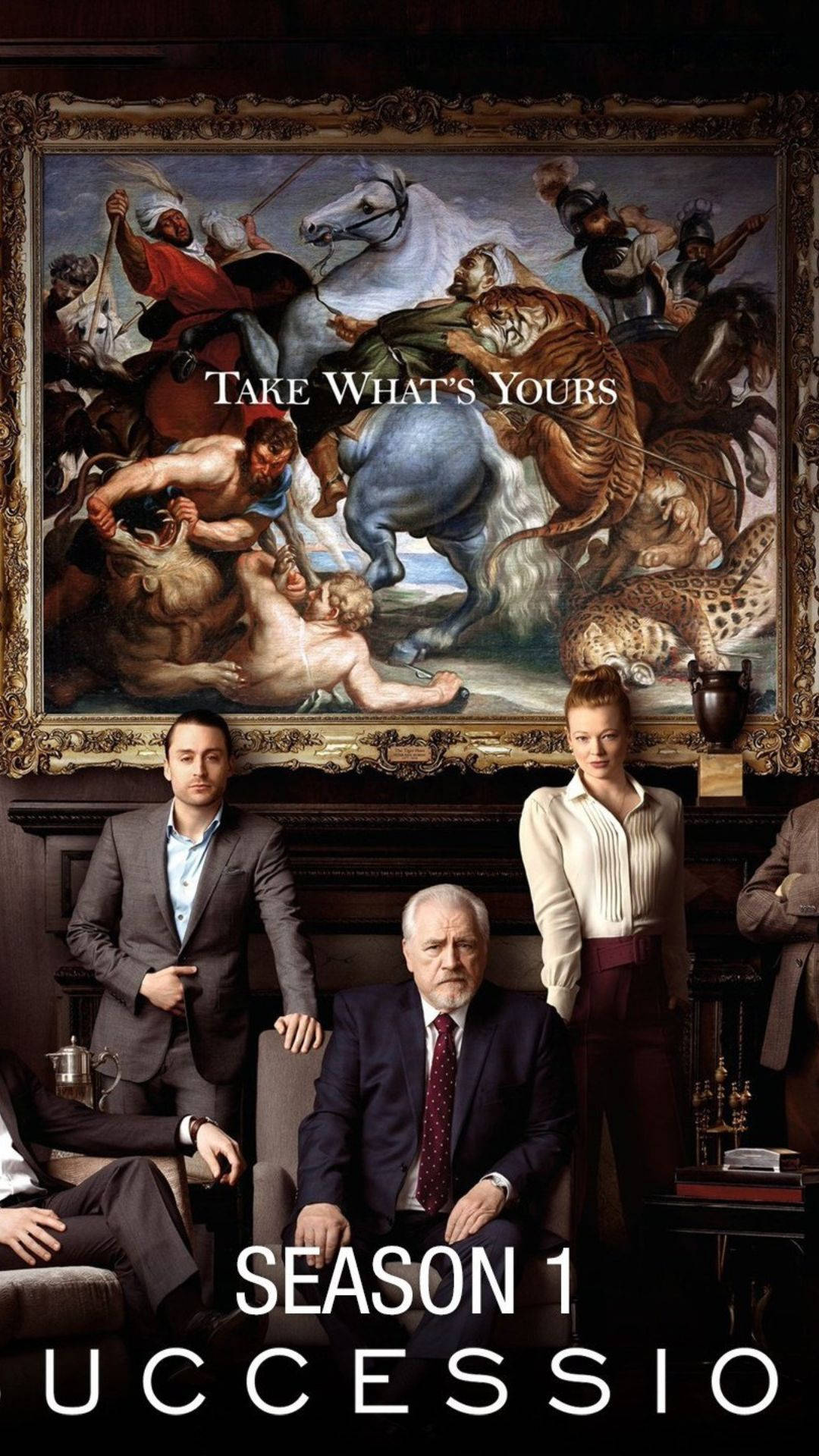 Succession 桌布 壁紙 — 四位穿著正式的人在一間裝飾華麗的房間裡，在一幅大型戲劇性的巴洛克畫作下方擺姿勢。