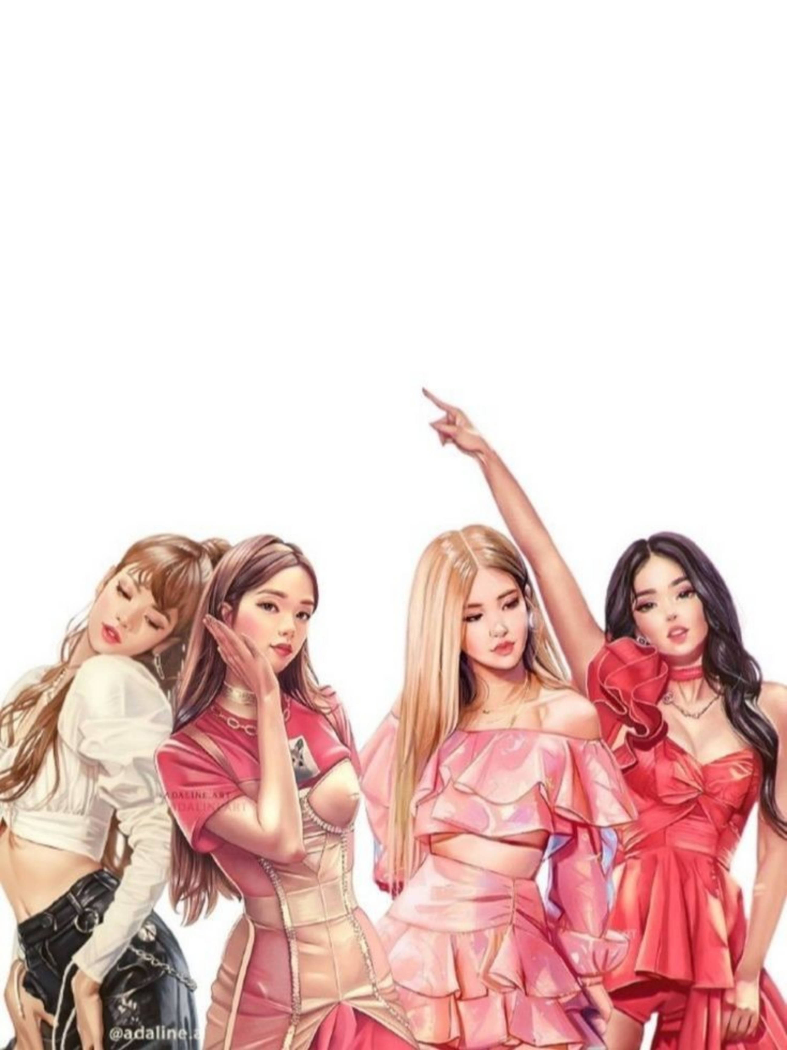 Blackpink Cartoon 桌布 壁紙 — 四位穿著粉紅色和紅色服裝的時尚女性在純白色背景前自信地擺姿勢。