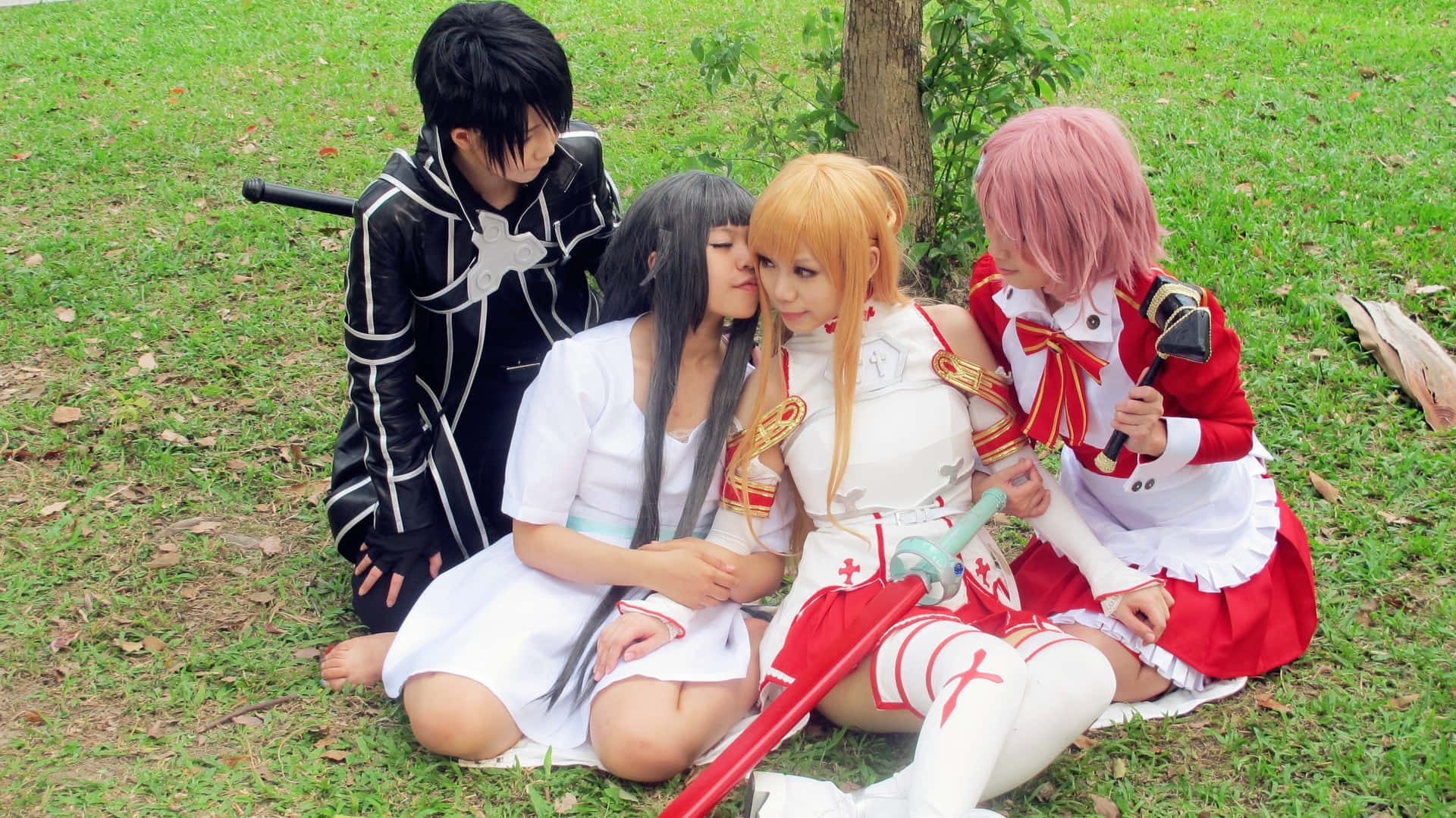 Sword Art Online Cosplay 桌布 壁紙 — 四位穿著精緻服裝的動漫角色扮演者緊密地坐在樹下的草地上，分享親密時刻。