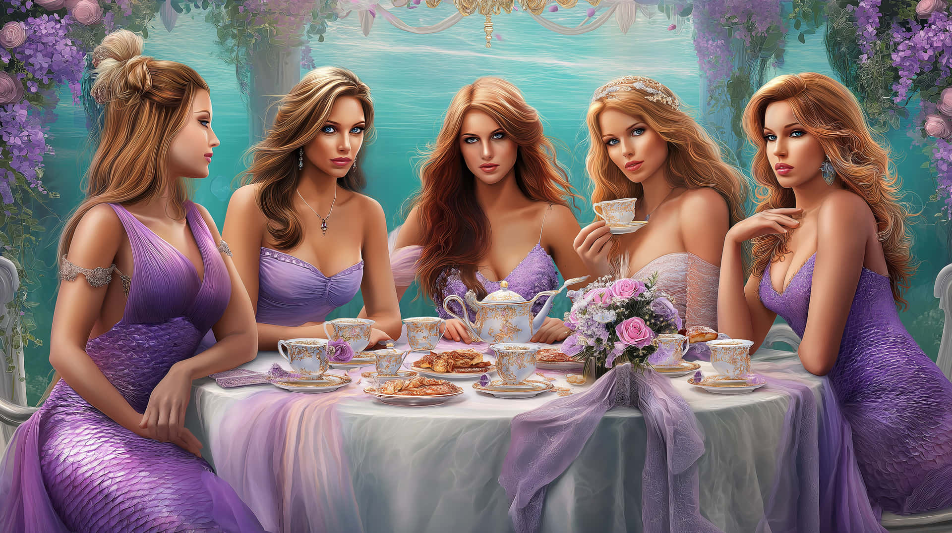 Elegant Mermaid Tea Party with Beautiful Undersea Setting 壁紙 — 四位穿著閃亮紫色長袍的美人魚在海邊的花卉天篷下享受優雅的茶會。
