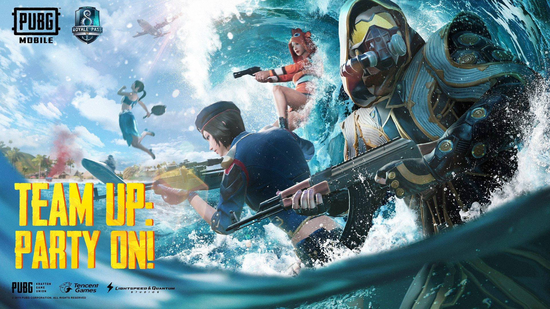絕地求生 桌布 壁紙 — 四位穿著鮮豔服裝的玩家在 PUBG Mobile 的動態宣傳場景中，用槍械在洶湧的海浪中戰鬥。