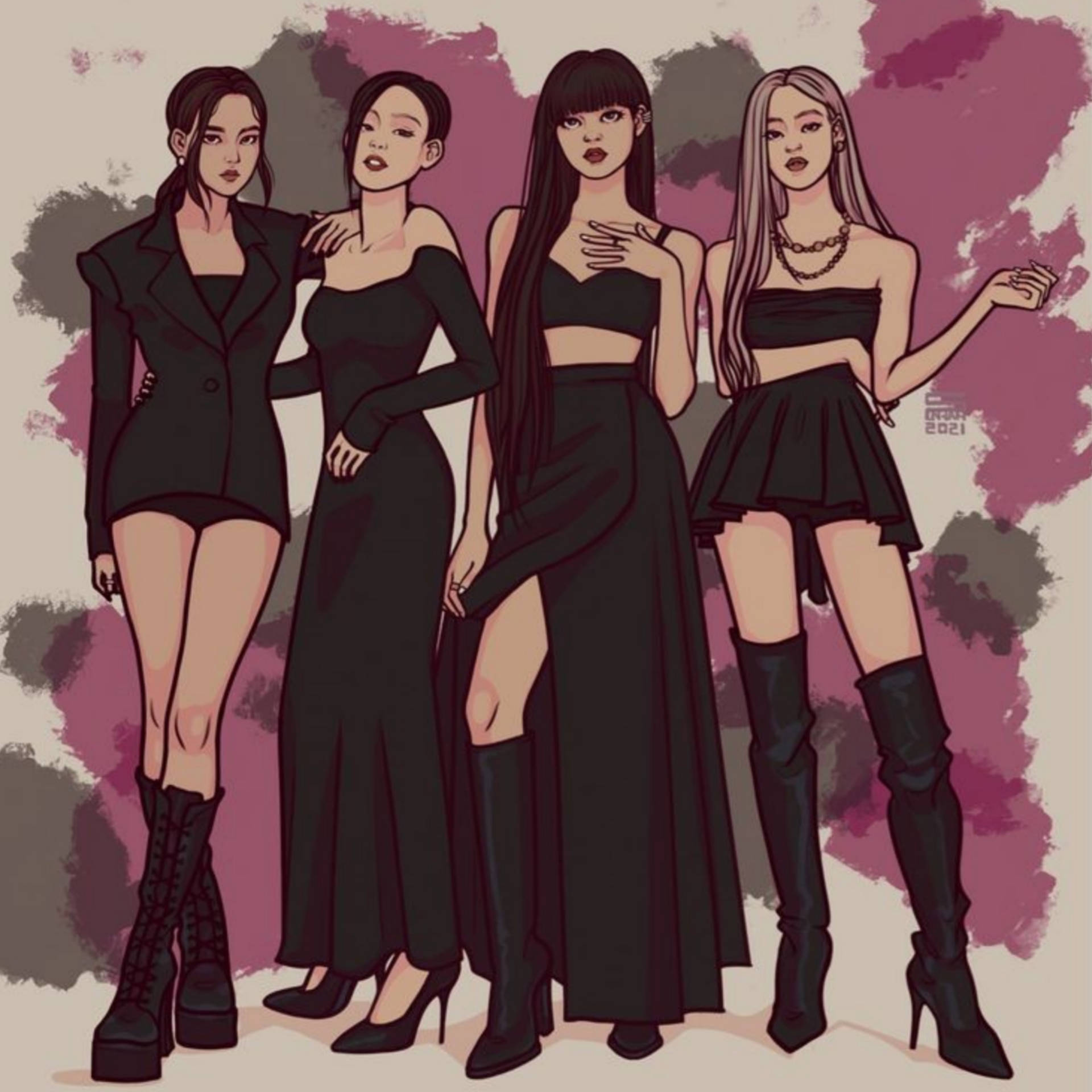 四位穿著黑色服裝的時尚女性在紫色水彩背景前自信地擺姿勢。 — Blackpink 動畫 GIF 壁紙