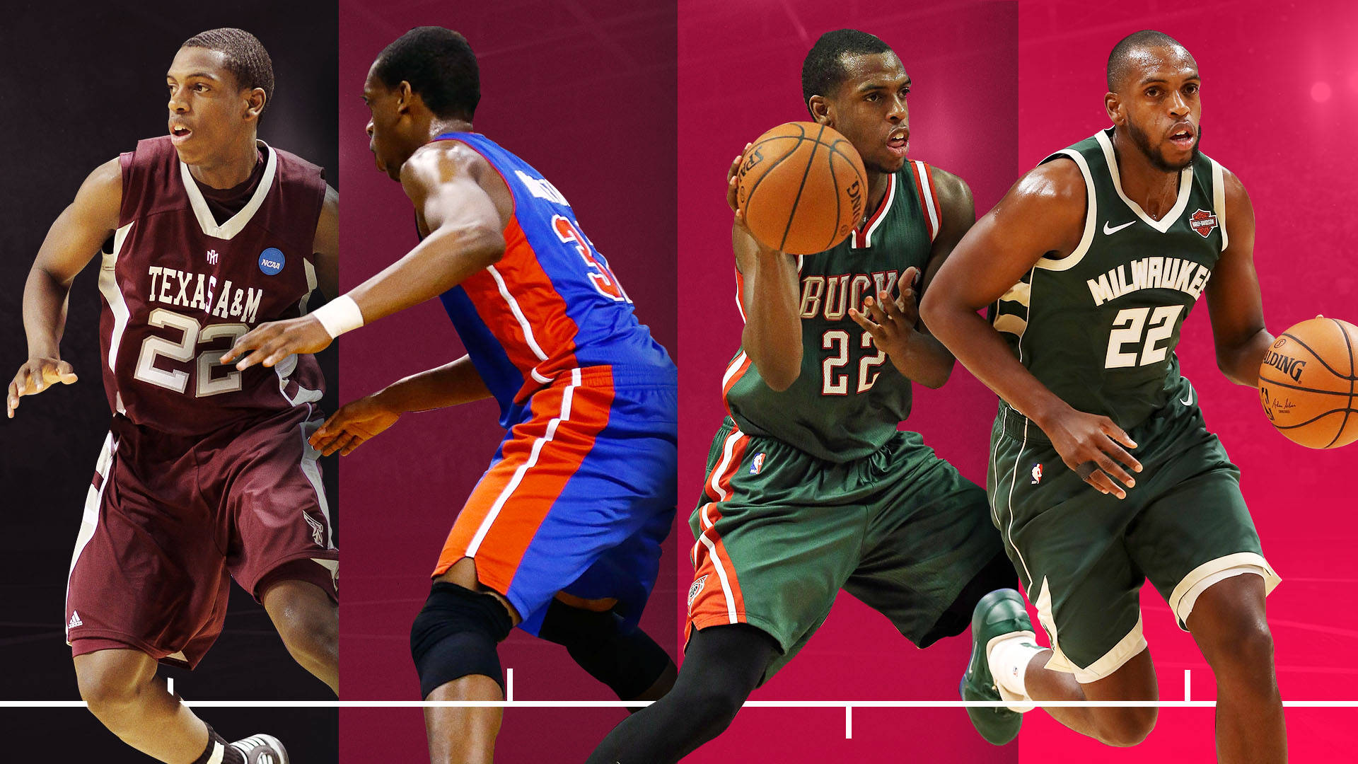 Khris Middleton 桌布 壁紙 — 四位籃球運動員穿著不同球隊球衣，在充滿活力的粉紅色背景下擺出動作姿勢。