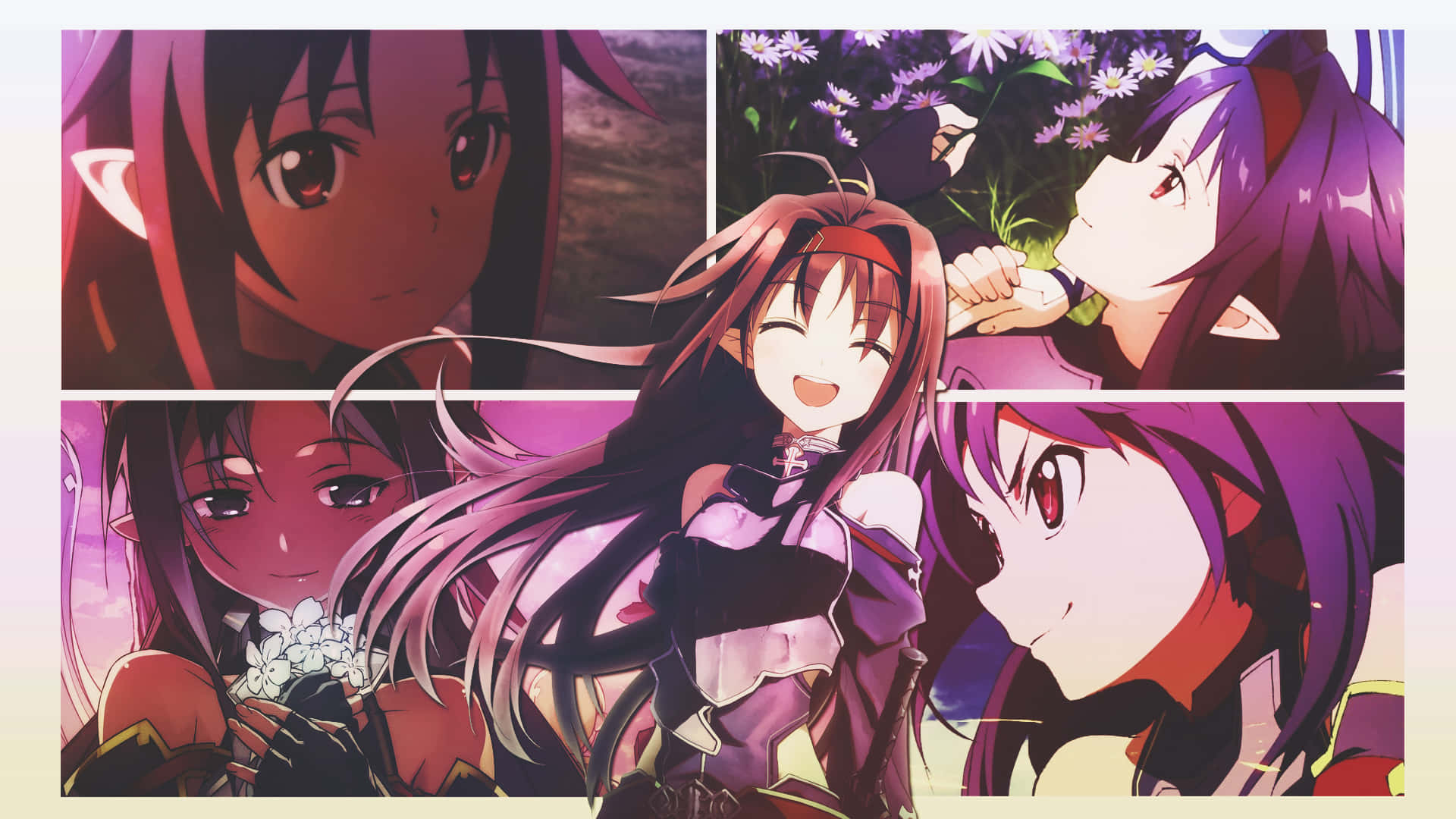 Yuuki Konno 桌布 壁紙 — 四位紫髮和紅髮的動漫女孩在柔和的紫色背景前微笑著手持白色花朵。