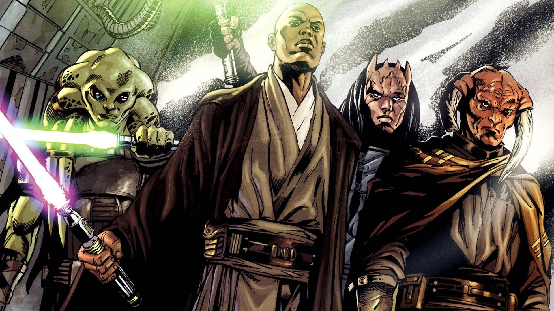 Lightsaber 桌布 壁紙 — 四位絕地武士以戲劇性的姿勢站立，在 gritty 科幻場景中揮舞著發光的光劍。