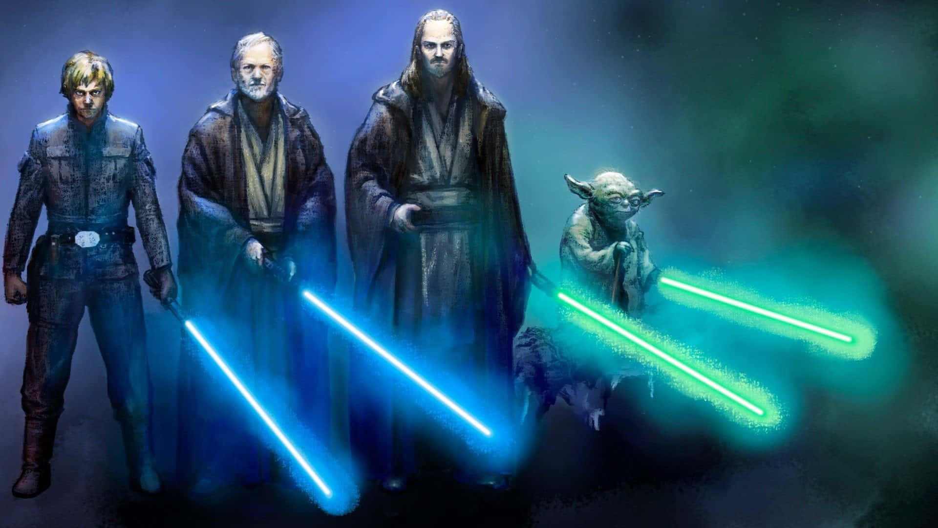Qui-gon Jinn 桌布 壁紙 — 四位絕地武士站在黑暗霧氣瀰漫的空間中，手持發光的藍色和綠色光劍。