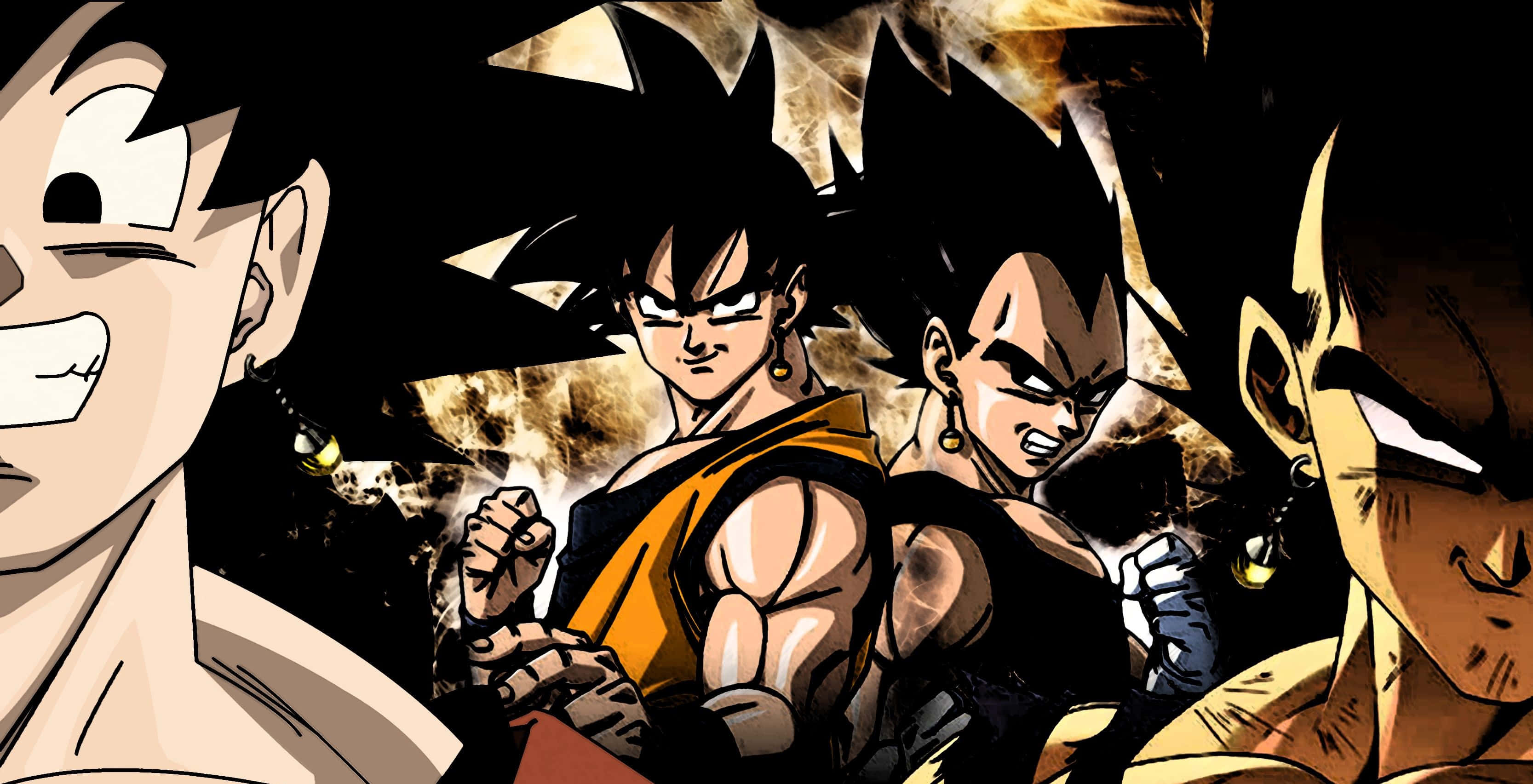 Vegeta And Goku 桌布 壁紙 — 四位肌肉發達、頭髮尖刺、表情堅定的動漫戰士，在熾熱爆炸的背景前準備戰鬥。