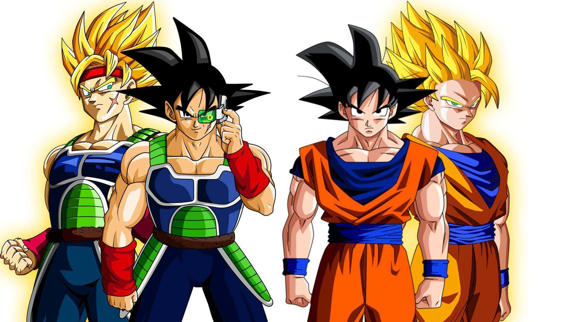 Bardock 桌布 壁紙 — 四位肌肉發達、頭髮尖刺的動漫戰士，在發光的白色背景前擺出英雄姿勢。