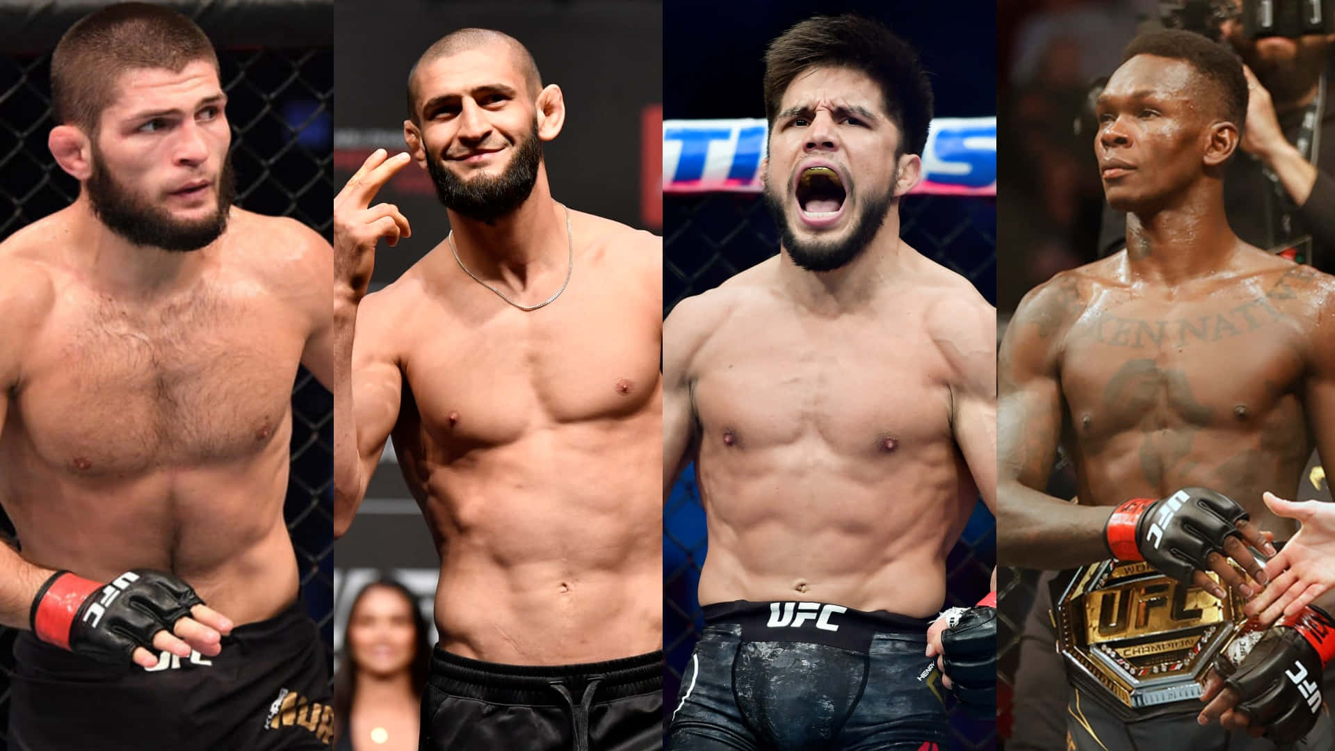 UFC 桌布 壁紙 — 四位肌肉發達的UFC拳手身穿八角籠裝備，展現出強烈的表情和冠軍自豪感。