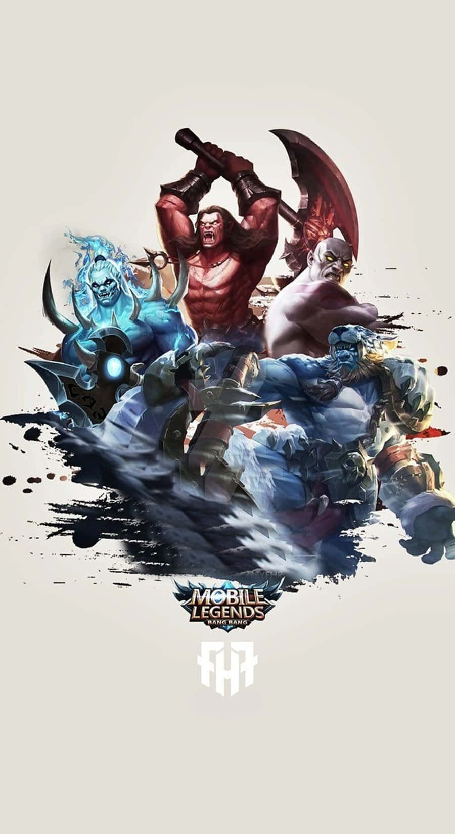Mobile Legends 動態圖 桌布 壁紙 — 四位肌肉發達的奇幻戰士以動態姿勢手持武器，在濺滿米色的背景上衝突。