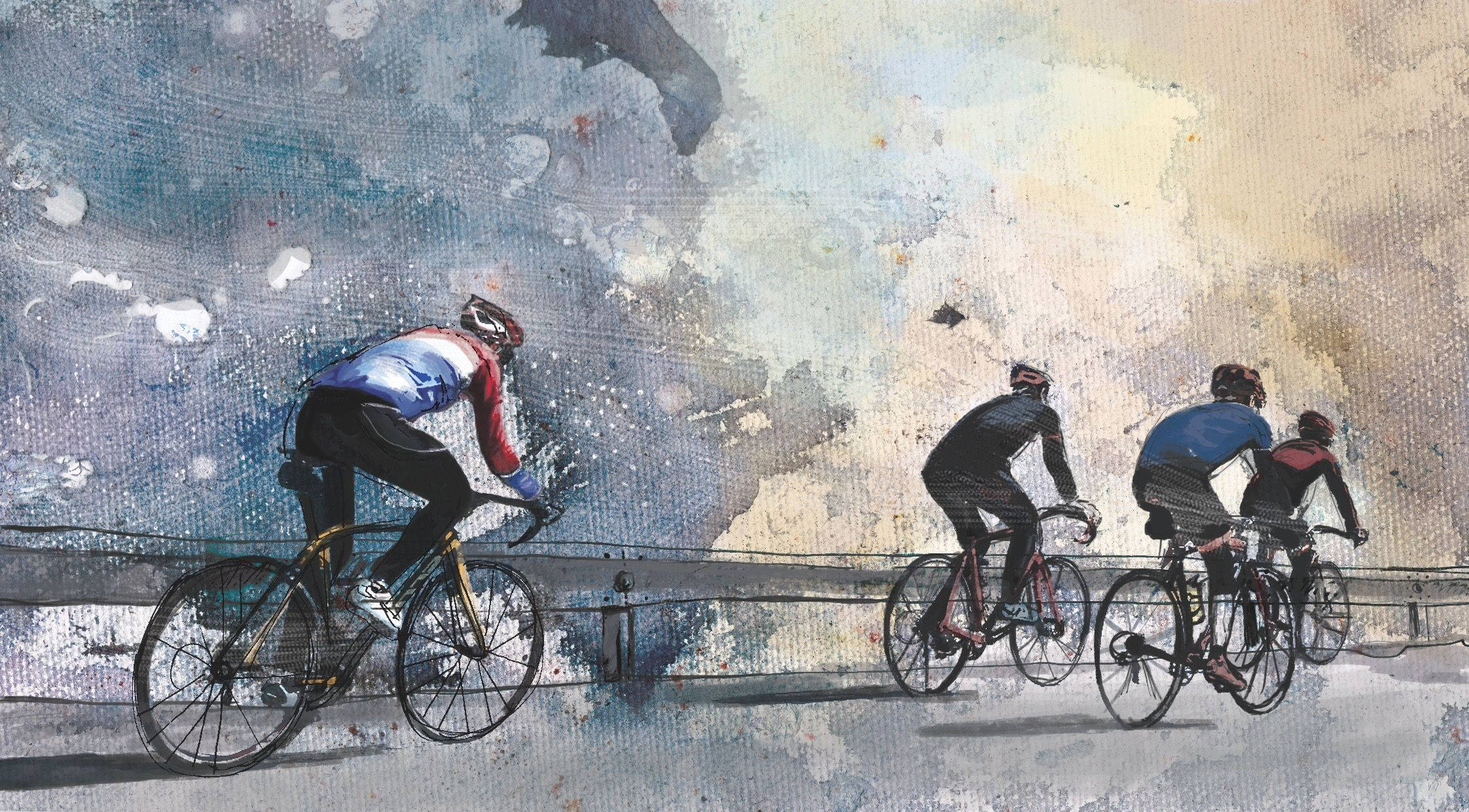 Bicycle 桌布 壁紙 — 四位自行車手在橋上一字排開競賽，橋上是冷藍色和暖黃色交織的紋理天空。