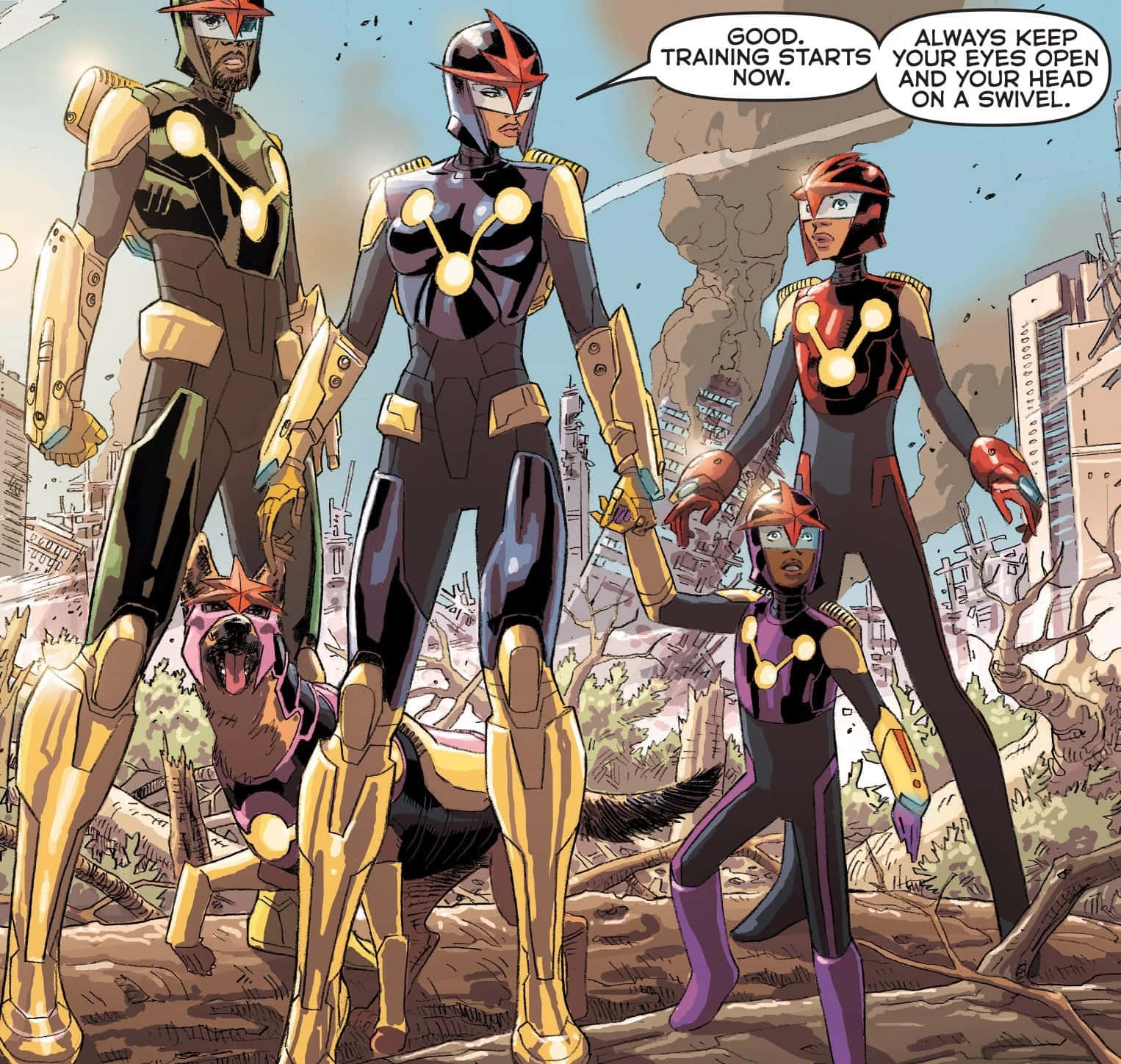 Nova Corps 桌布 壁紙 — 四位裝甲超級英雄和一隻狗準備就緒，站在廢墟城市景觀中，其中一位宣佈訓練開始。