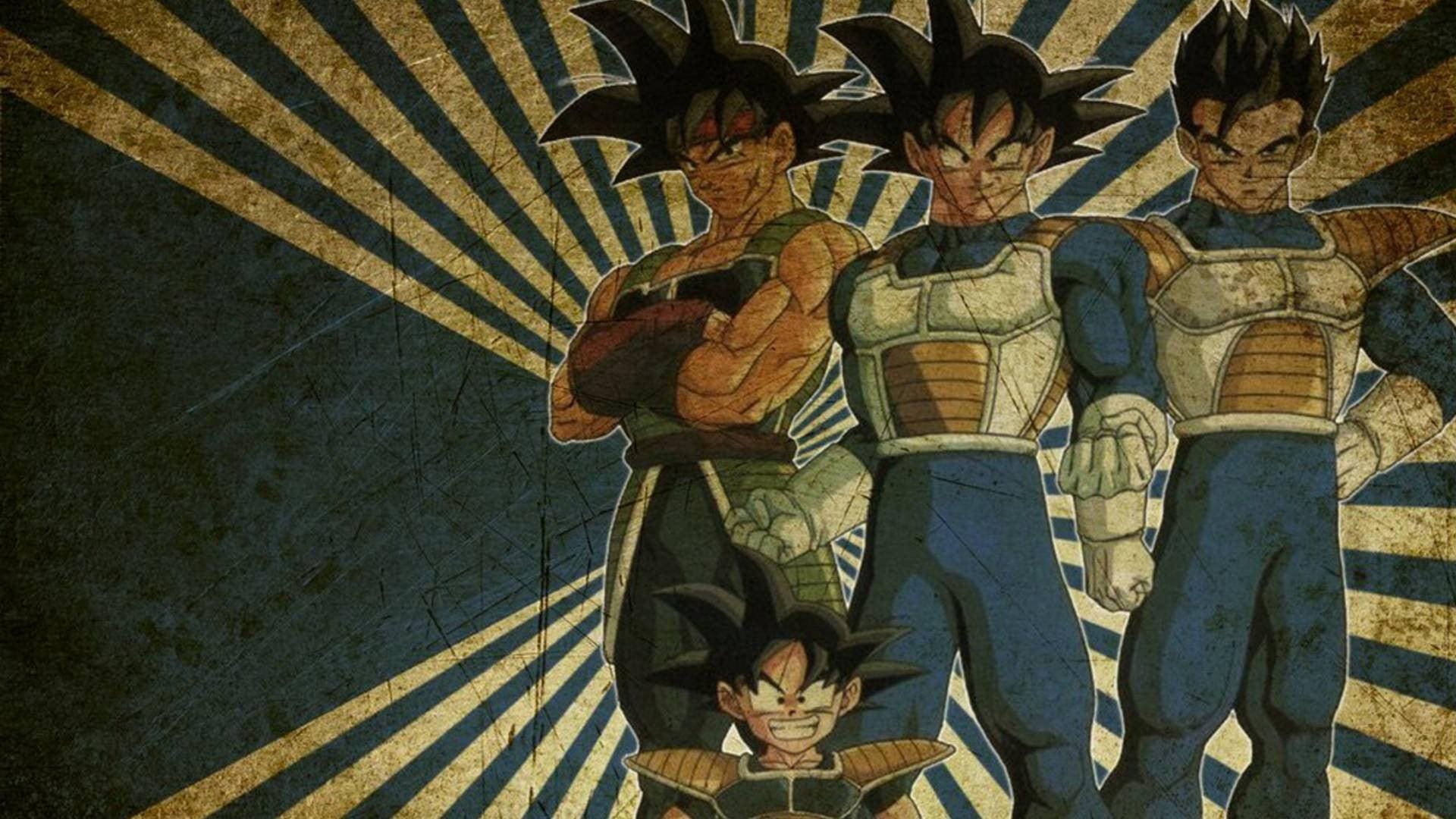 Goten 桌布 壁紙 — 四位賽亞人戰士英雄地站在復古紋理的太陽光背景下。