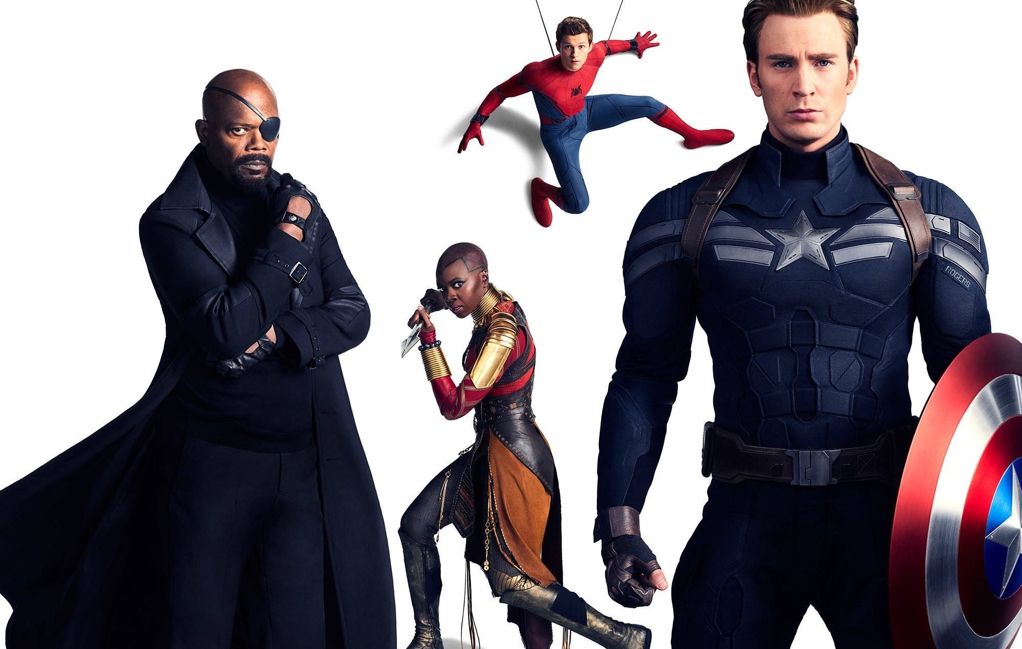 infinity 桌布 壁紙 — 四位超級英雄在純白背景下擺姿勢，包括美國隊長、黑豹、黑寡婦和蜘蛛人。