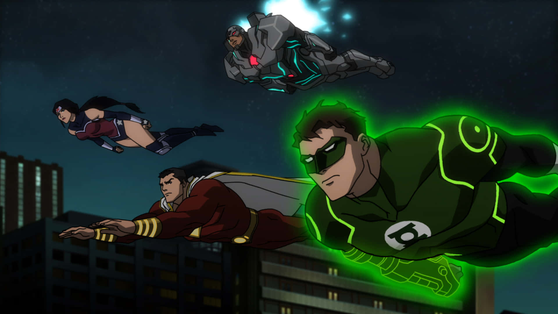 Justice League War 桌布 壁紙 — 四位超級英雄在繁星點點的夜空中翱翔，下方是城市景觀，散發著發光的綠色能量和未來風格的裝甲。
