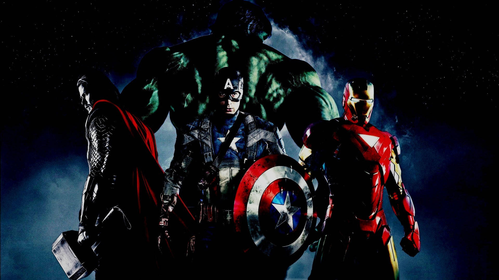 HD superhero 桌布 壁紙 — 四位超級英雄在黑暗的宇宙背景下，以發光效果和戲劇性燈光英勇地站立。