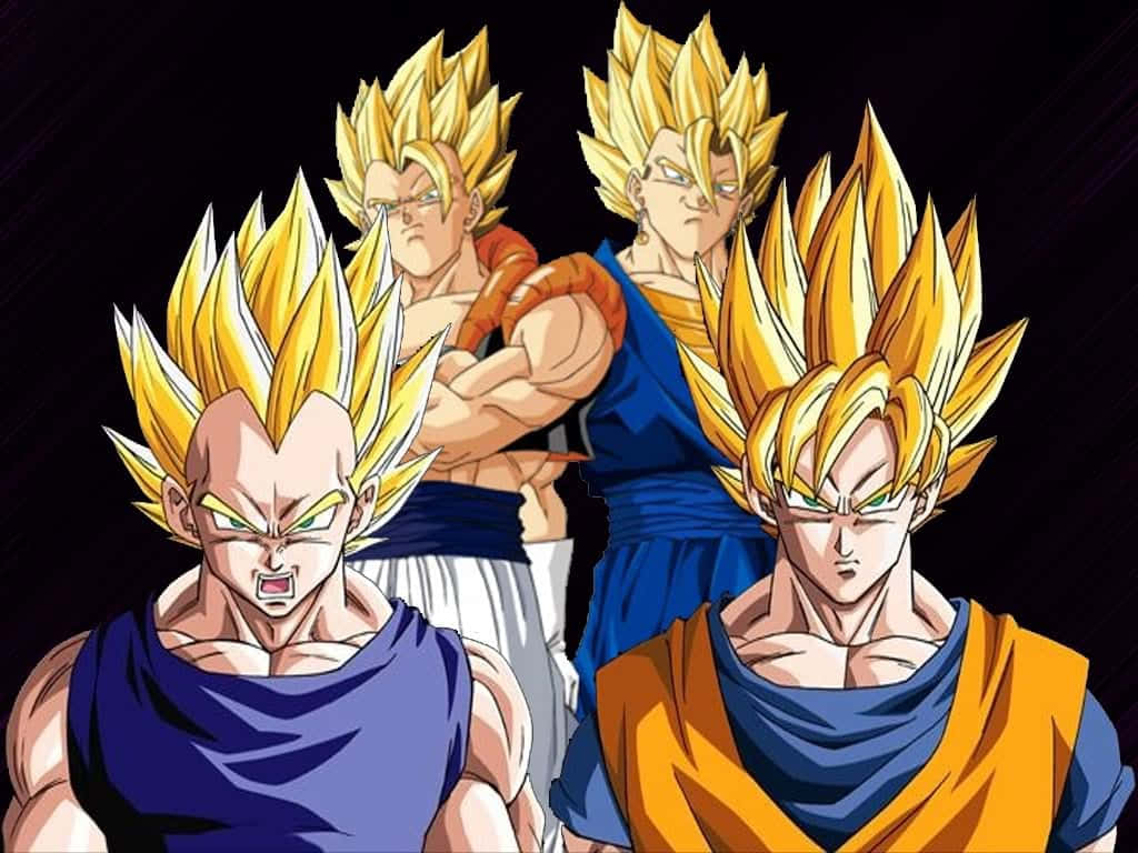 Goku And Vegeta 桌布 壁紙 — 四位超級賽亞人動畫戰士，擁有尖刺金色頭髮和強烈表情，站在深色背景前。