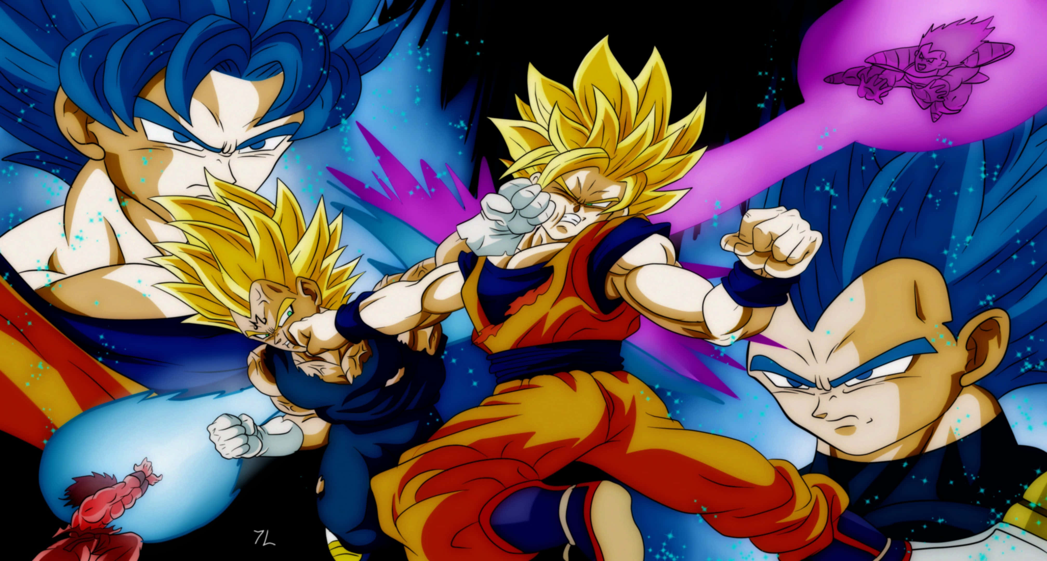 Vegeta 桌布 壁紙 — 四位超級賽亞人形態的賽亞人戰士在宇宙星空背景下以發光能量爆炸交鋒。
