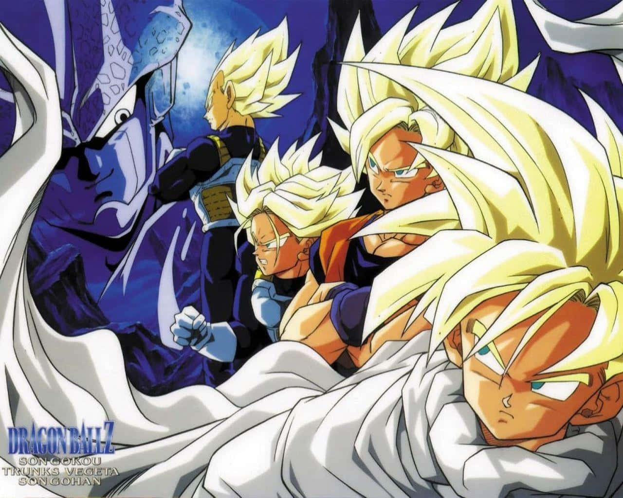 Vegeta And Trunks 桌布 壁紙 — 四位超級賽亞人戰士，擁有尖刺金髮，在戲劇性的動畫場景中準備與巨大的藍色外星人戰鬥。