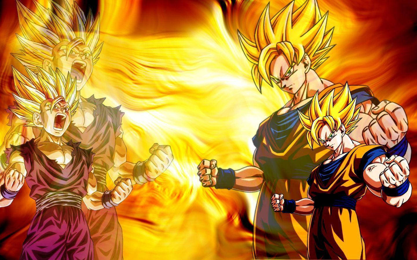 Goku Dragon Ball Super 桌布 壁紙 — 四位超級賽亞人戰士在動態的動畫戰鬥場景中釋放熾熱能量，擁有發光的金色頭髮和強烈的表情。