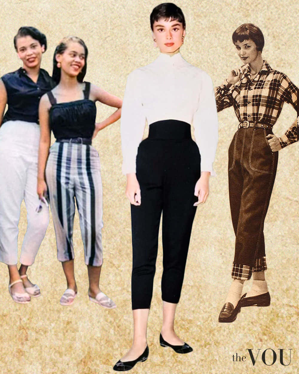 1950s 桌布 壁紙 — 四位身穿1950年代復古時尚的女性在帶有紋理的米色背景前擺姿勢，展現復古風格與優雅。
