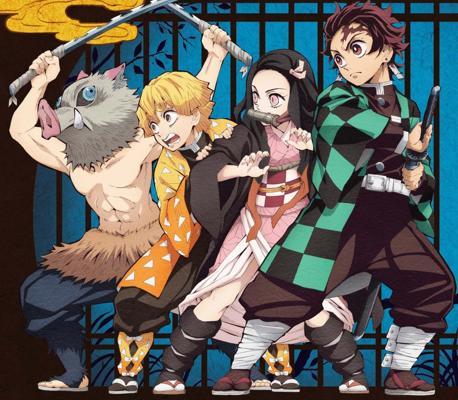 Demon Slayer Group 桌布 壁紙 — 四位身穿傳統日本服飾的動漫戰士，在藍色竹籬笆背景下準備好揮劍。