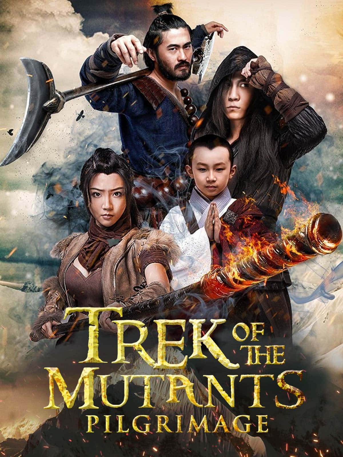 Mutants 桌布 壁紙 — 四位身穿奇幻盔甲的戰士在火花四濺和暴風雨的天空中準備好武器。