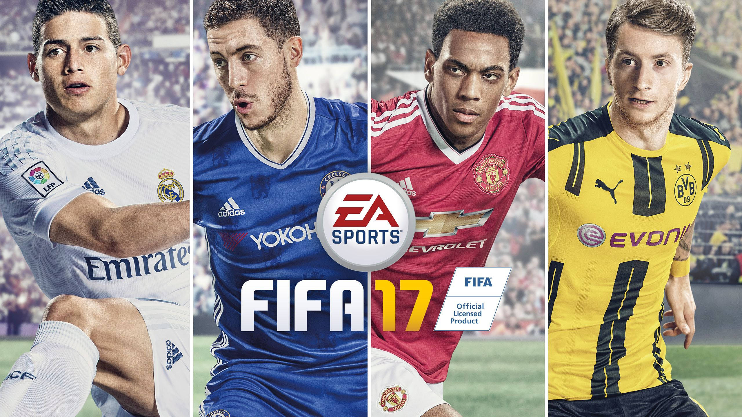 Dortmund 桌布 壁紙 — 四位身穿球隊球衣的精英足球員在球場背景下為FIFA 17電子遊戲封面動態擺姿勢。