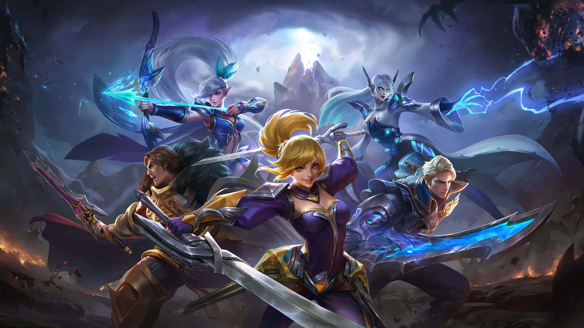 Mobile Legends 動態圖 桌布 壁紙 — 四位身穿發光盔甲的奇幻戰士，在風暴肆虐的山地戰場上以劍與魔法交鋒。