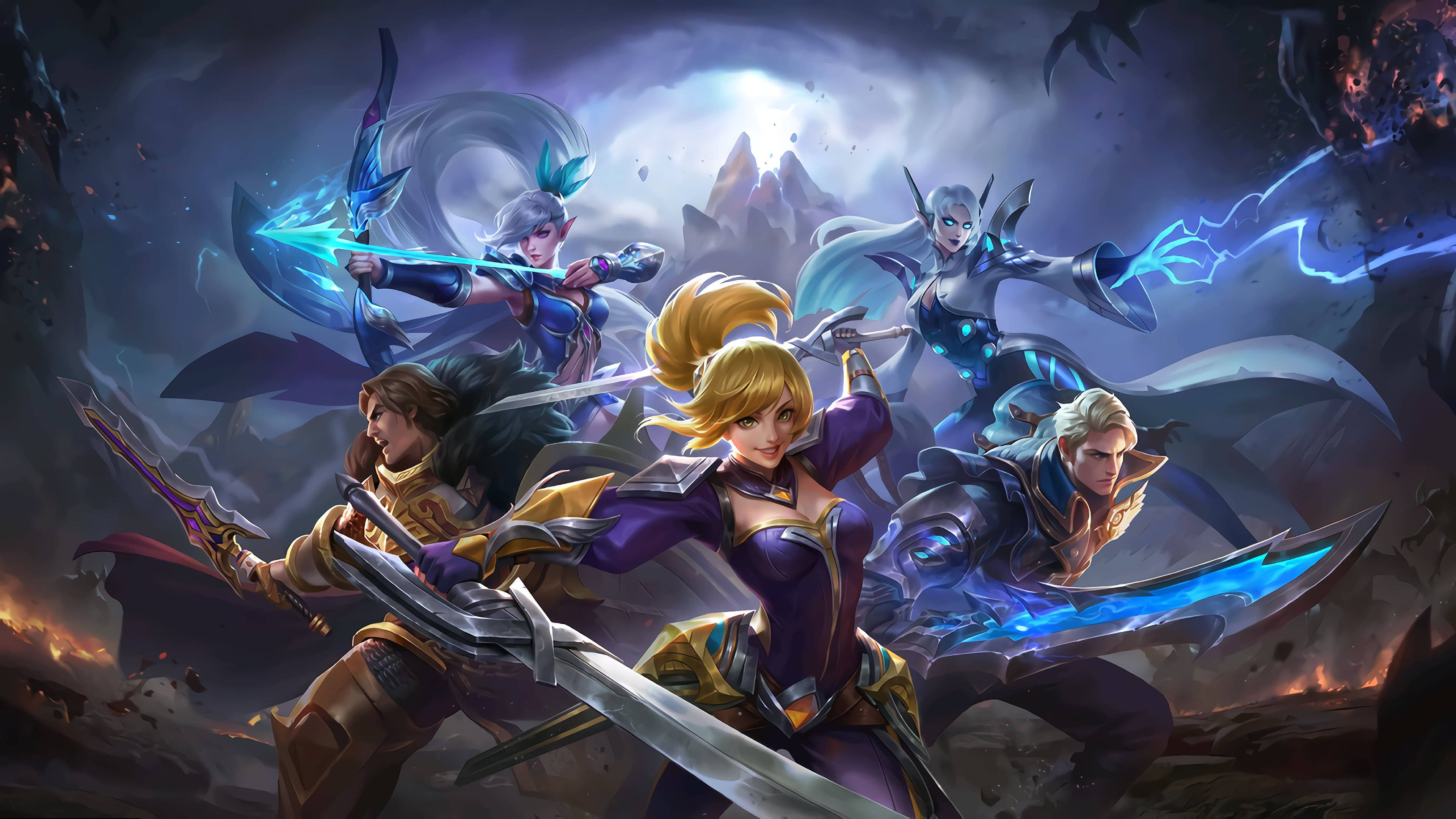 Mobile Legends 動態圖 桌布 壁紙 — 四位身穿發光盔甲的奇幻戰士在風暴山脈戰場上用劍和魔法交戰。