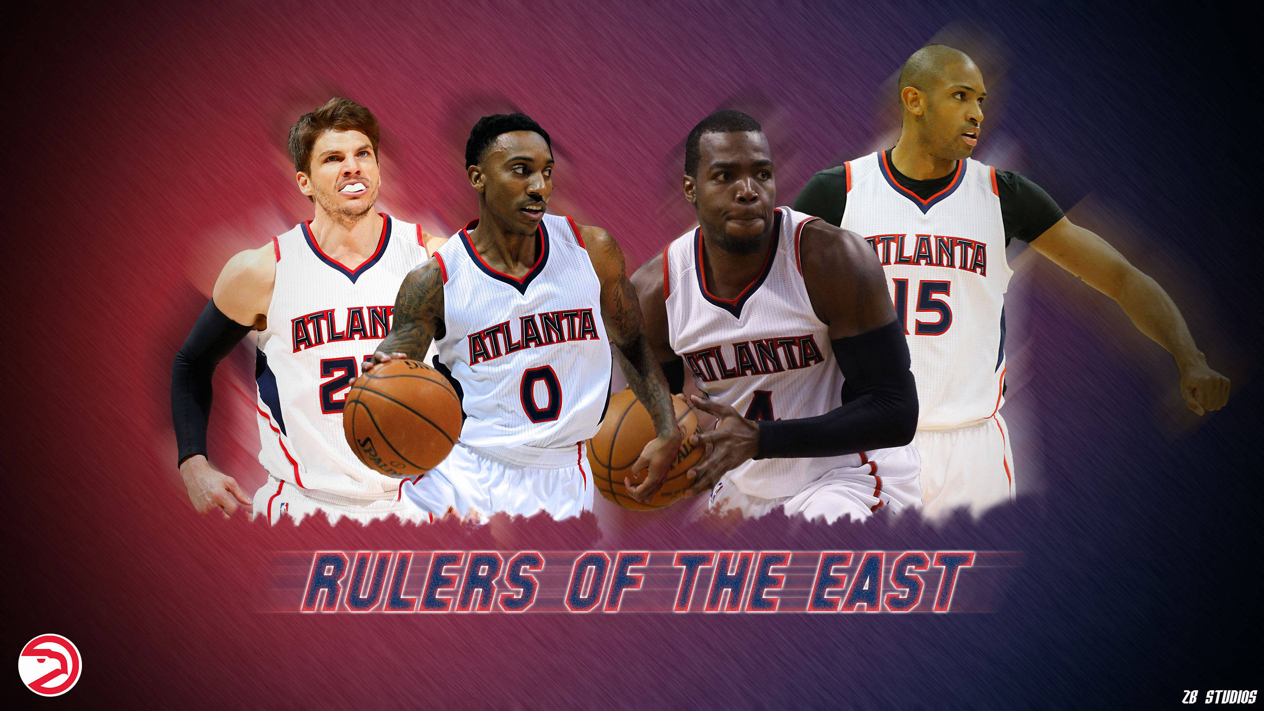 Hawks 桌布 壁紙 — 四位身穿白色球衣的亞特蘭大老鷹隊籃球運動員在紫色和紅色的漸變背景上動態擺姿勢，並帶有粗體文字 rulers of the east。