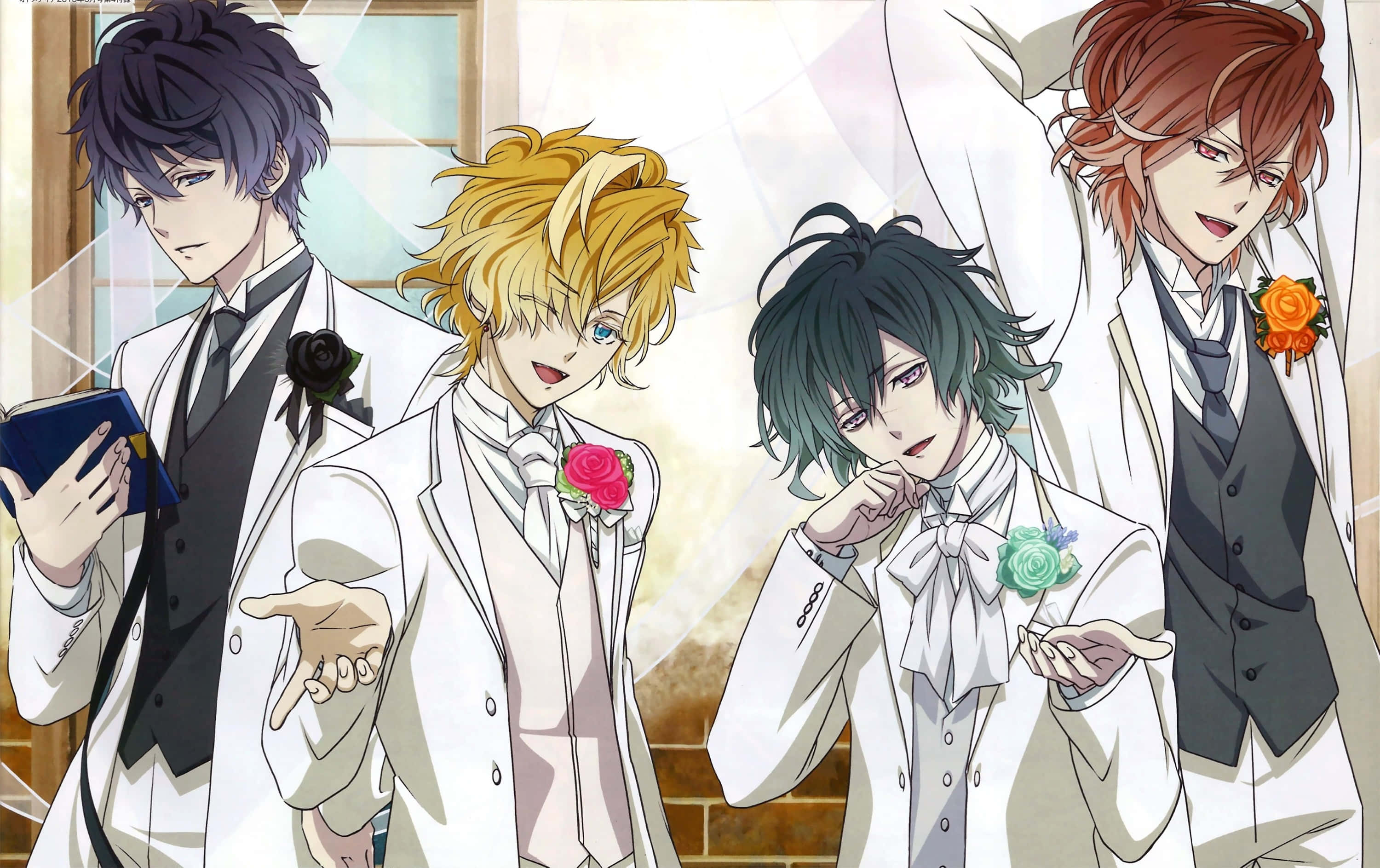 Diabolik Lovers 桌布 壁紙 — 四位身穿白色西裝、飾有彩色玫瑰的時尚動漫男子，在明亮的窗戶背景下自信地擺姿勢。