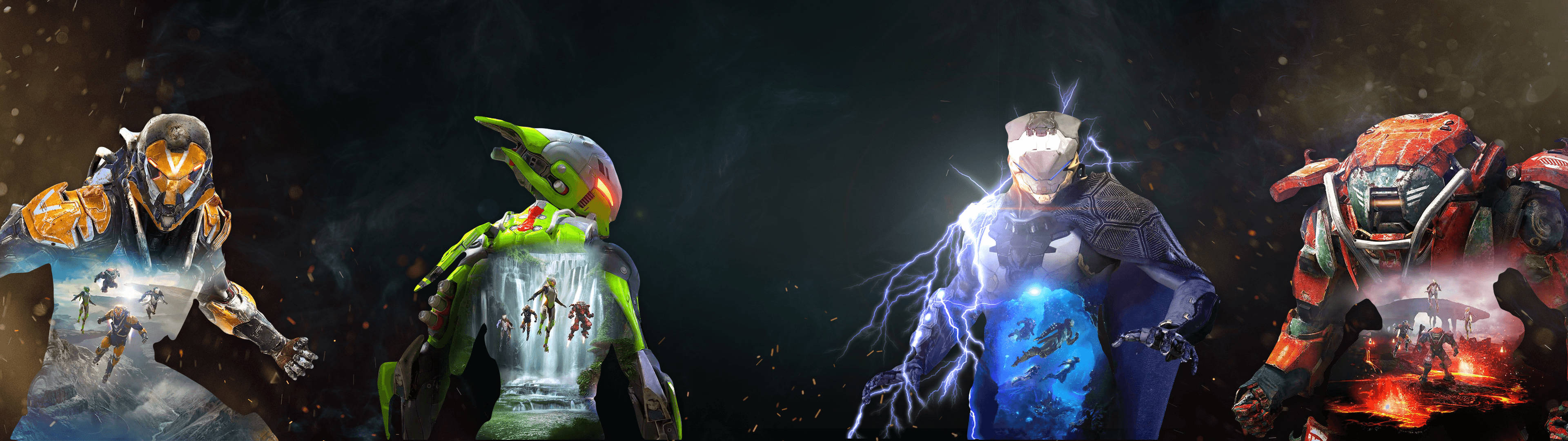 Anthem 桌布 壁紙 — 四位身穿盔甲、擁有發光力量的戰士站在黑暗的宇宙虛空中，各自散發著元素能量。