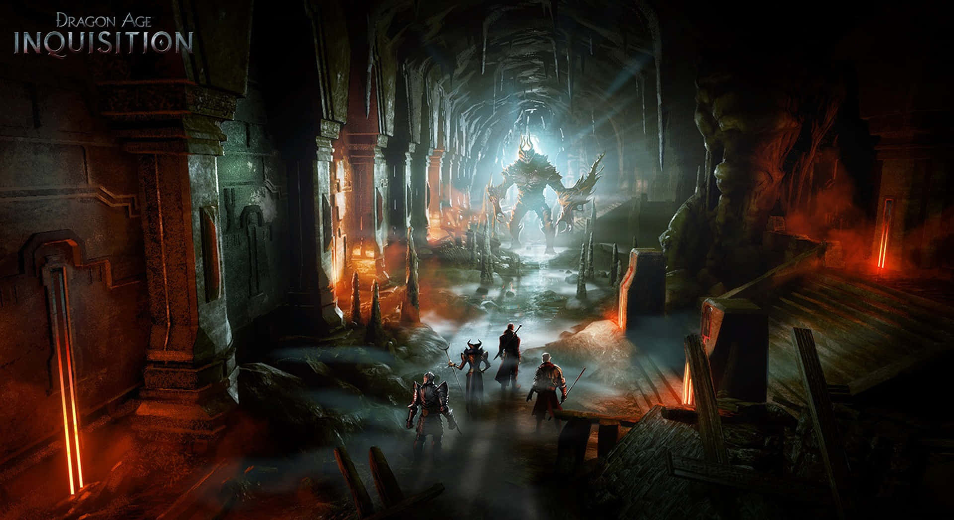 Best Dragon Age Inquisition 桌布 壁紙 — 四位身穿盔甲的冒險者站在黑暗破敗的大教堂中，一頭巨大的發光巨龍在迷霧中隱約出現。
